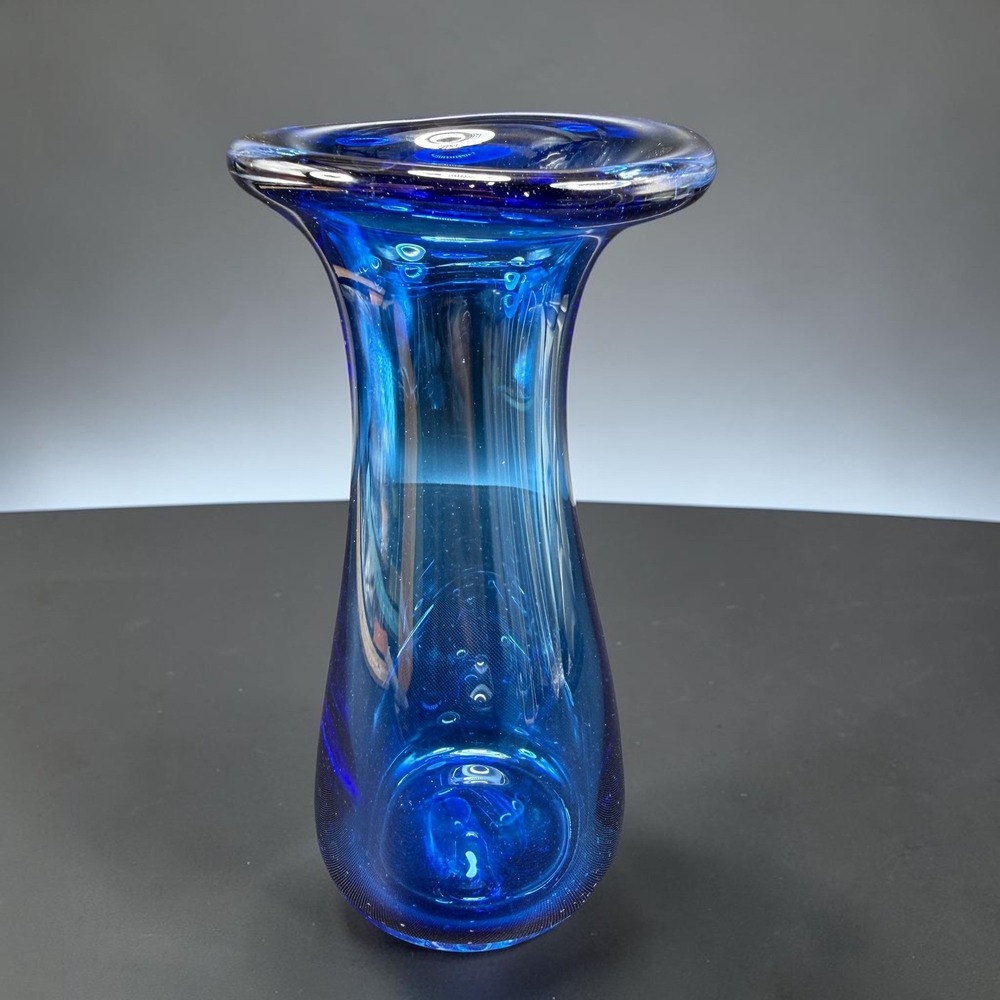 Hand Blown Cobalt Blue Art Glass Vase Flared Rim Controlled Bubbles 6 Inch Tall